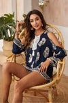 Boho Bluse Unbedeckte Schultern Blau