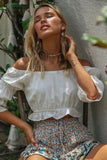 Boho Crop Top Bardot Ausschnitt Weiß