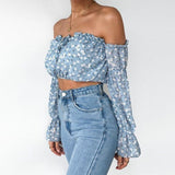 Boho Crop Top Blaue Blumenmuster