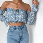 Boho Crop Top Blaue Blumenmuster