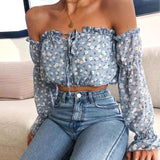 Boho Crop Top Blaue Blumenmuster