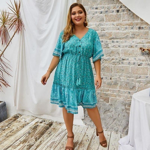 Boho Kleid Kurz Türkis Plus Size