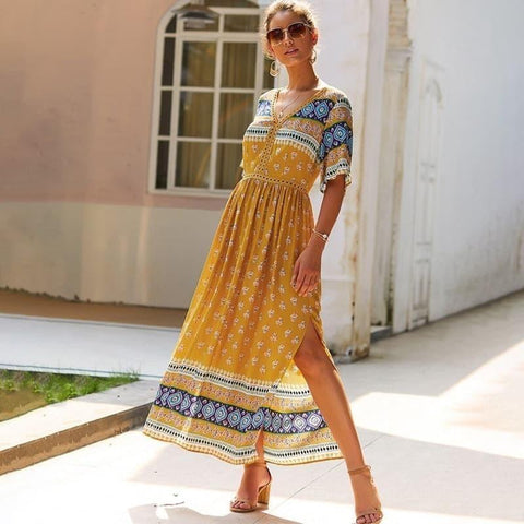 Maxikleid Boho Hippie Chic Gelb